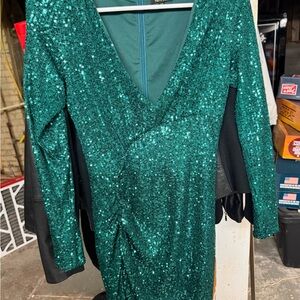 Green Sequin V-Neck Mini Dress